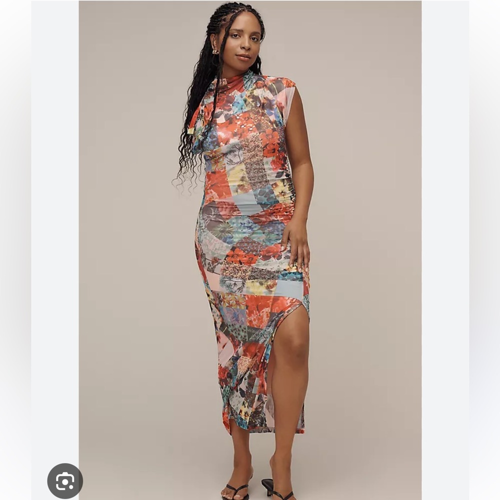 NWT Anthropologie The Maya Ruched Cowl Neck Mesh MIDI Floral Dress Small S